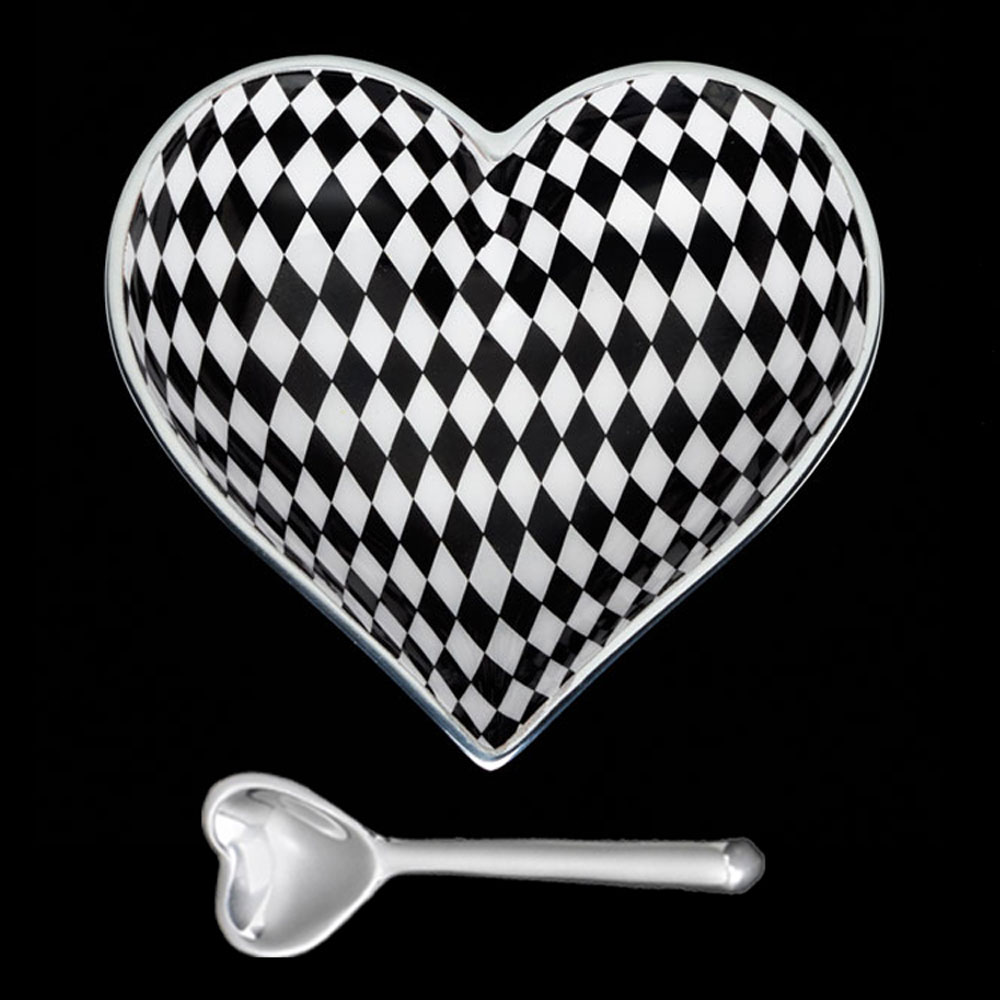 Happy Black & White Harlequin Heart with Heart Spoon