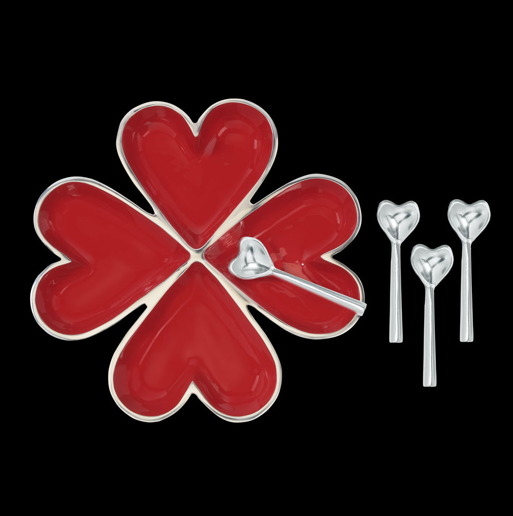 4 Hearts Platter with 4 Heart Spoons - Red