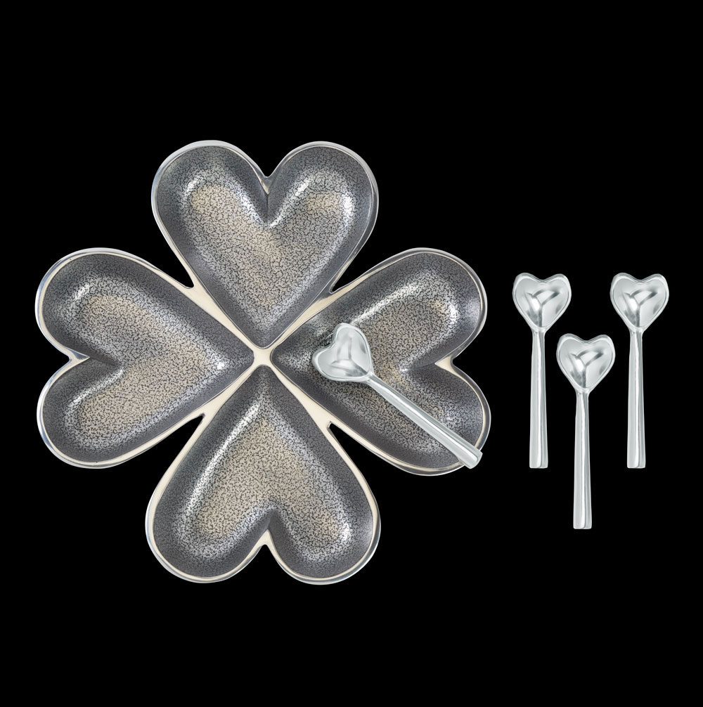 4 Hearts Platter with 4 Heart Spoons - Silver