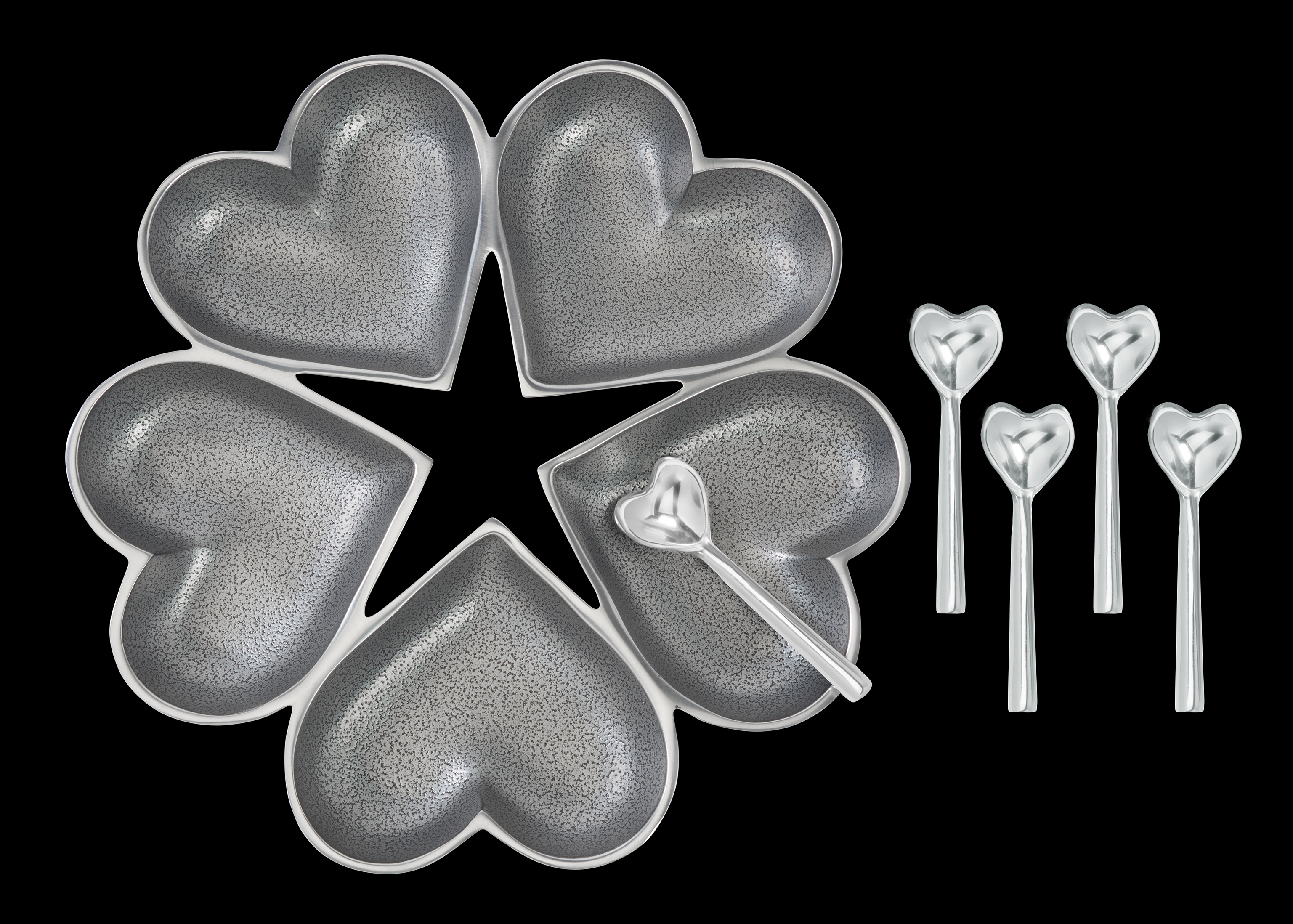 5 Hearts Platter with 5 Heart Spoons - Silver